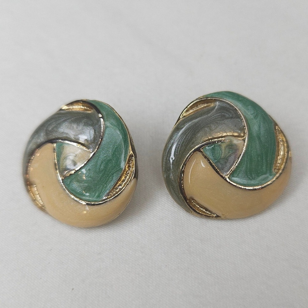 Vintage 80s Enamel Swirl Button Stud Earrings Green Tan Gold Tone Retro Round